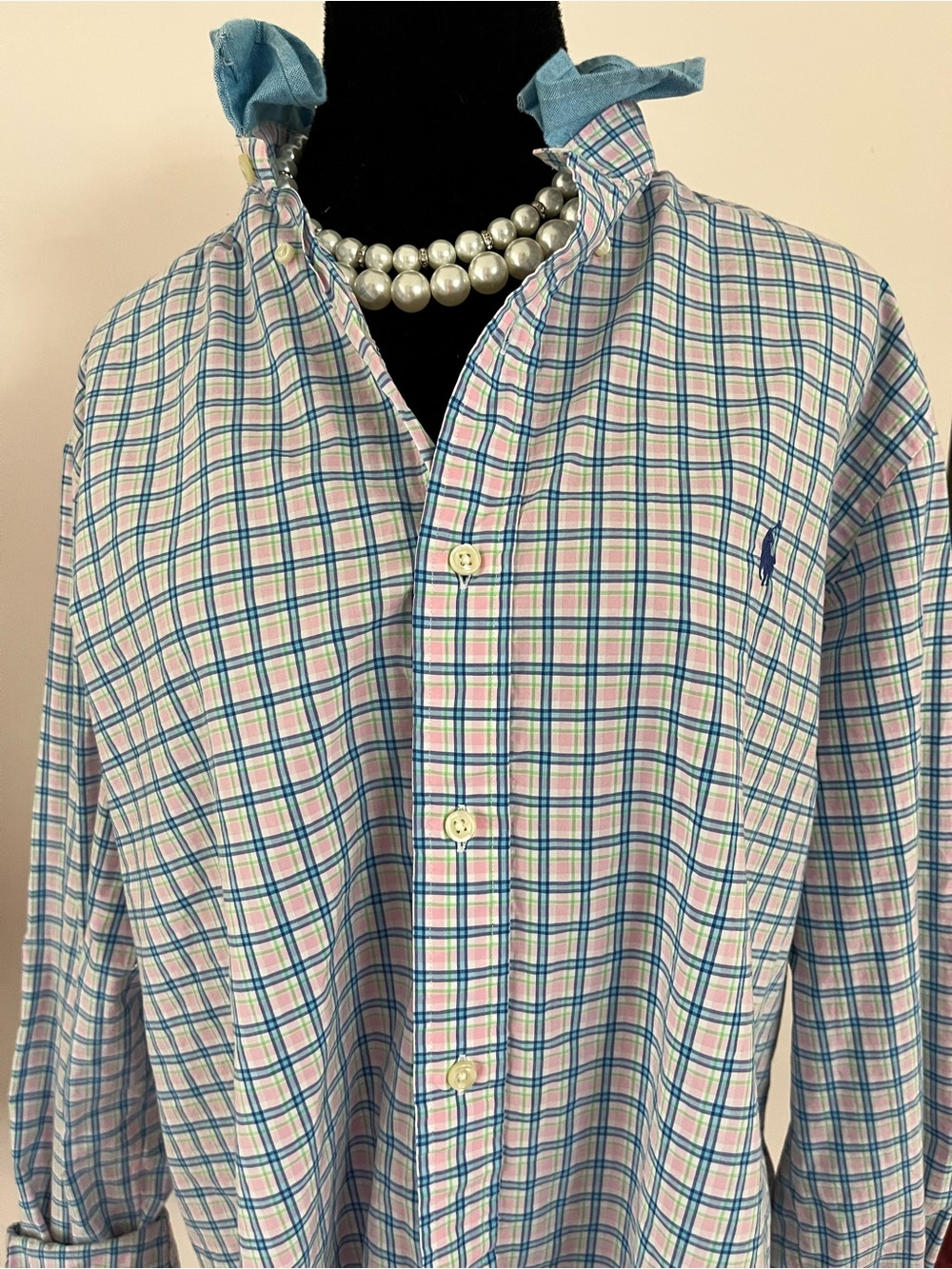 Refashioned Ralph Lauren Pink, Blue & Green Plaid Button-Down Ruffle Collar - Picture 2 of 8